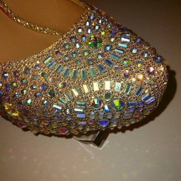 LAUREN LORRAINE CRYSTAL GOLD CINDERELLA BLING CRYSTAL HIGH HEEL SHOES - SIZE 7 - Picture 6 of 11